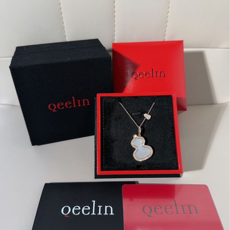 Qeelin麒麟 wulu系列 玫瑰金滿鑽白貝母葫蘆吊墜項鍊，大號-0
