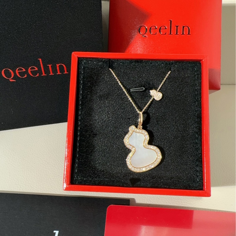 Qeelin麒麟 wulu系列 玫瑰金滿鑽白貝母葫蘆吊墜項鍊，大號-1