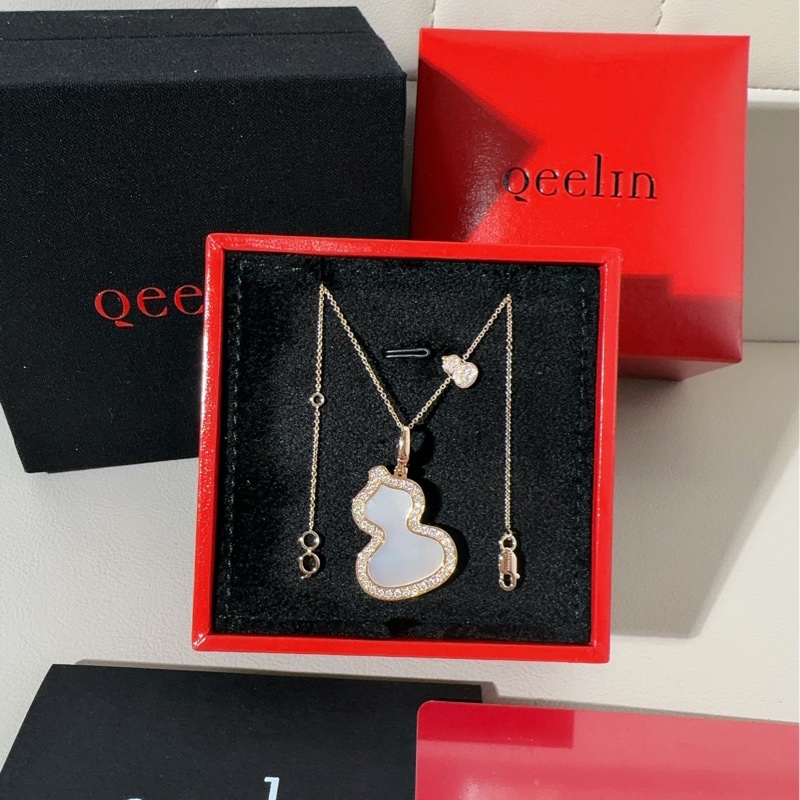 Qeelin麒麟 wulu系列 玫瑰金滿鑽白貝母葫蘆吊墜項鍊，大號-3