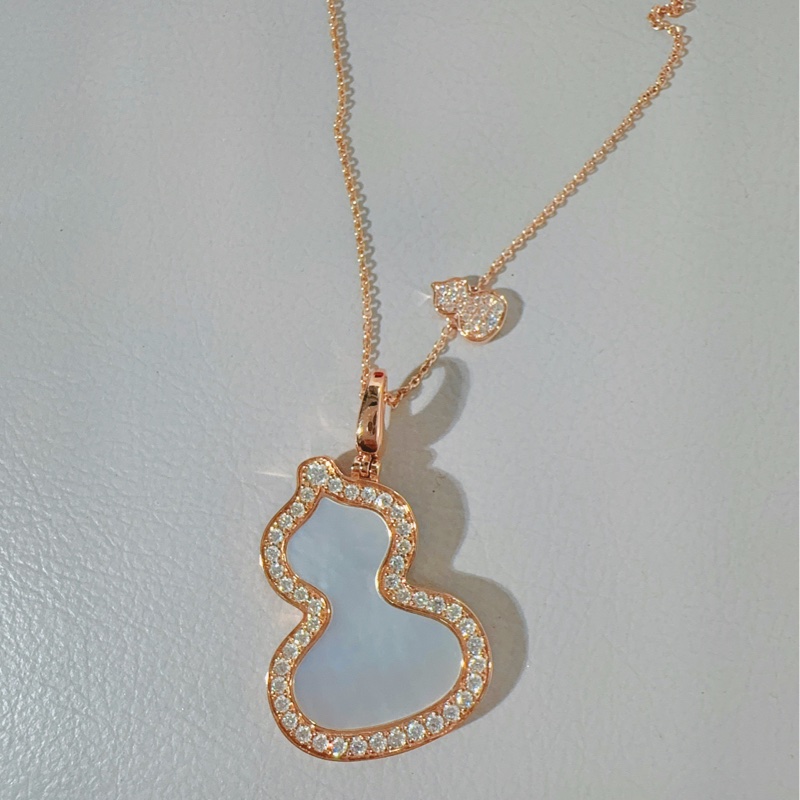 Qeelin麒麟 wulu系列 玫瑰金滿鑽白貝母葫蘆吊墜項鍊，大號-4