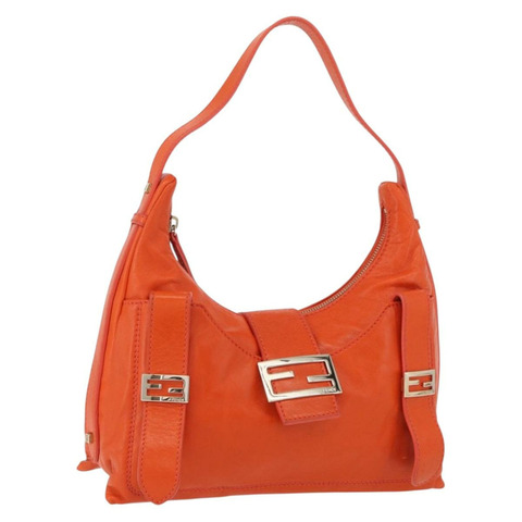 FENDI Mamma Baguette 肩背包 皮革 橘色 金色 Auth mr2236V