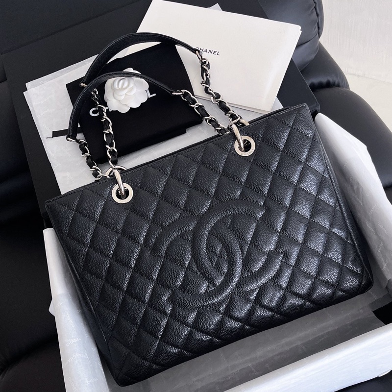 【近新閒置品】Chanel 香奈兒 gst 黑銀 荔枝紋皮 18開經典菱格紋手提單肩托特包-0
