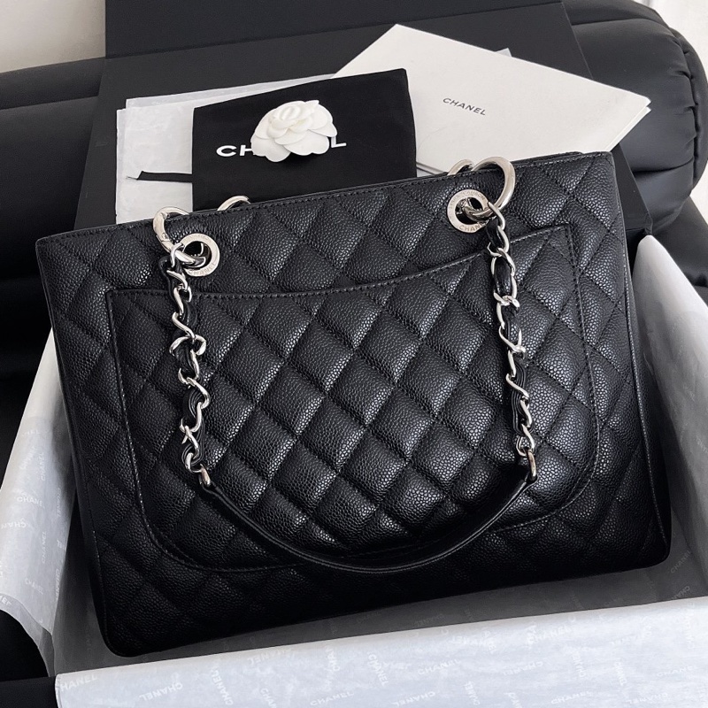 【近新閒置品】Chanel 香奈兒 gst 黑銀 荔枝紋皮 18開經典菱格紋手提單肩托特包-1