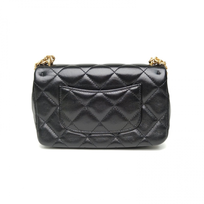 CHANEL 23PCF口蓋包黑色羊皮晶片開金扣愛心金球肩帶-2