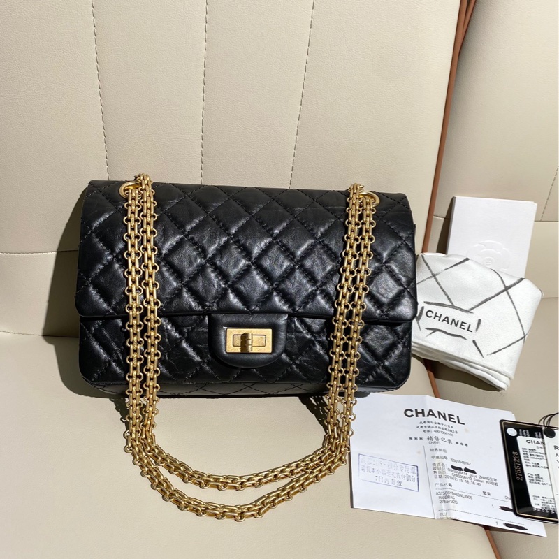 Chanel香奈兒 復刻2.55 黑金雙蓋牛皮鏈條包,小號-0