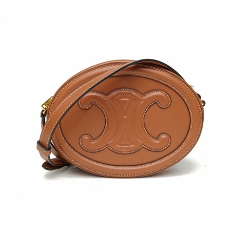 CELINE 焦糖色牛皮金扣凱旋門浮雕月餅包中號