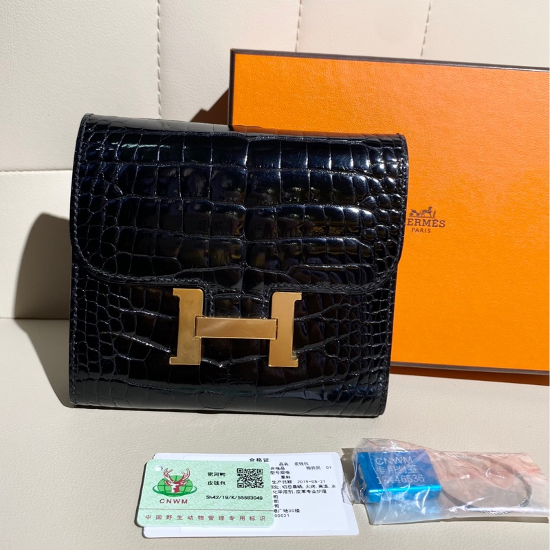 Hermes愛馬仕 constance康康 黑色鰐魚皮金扣 短款錢包-0