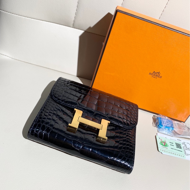 Hermes愛馬仕 constance康康 黑色鰐魚皮金扣 短款錢包-2