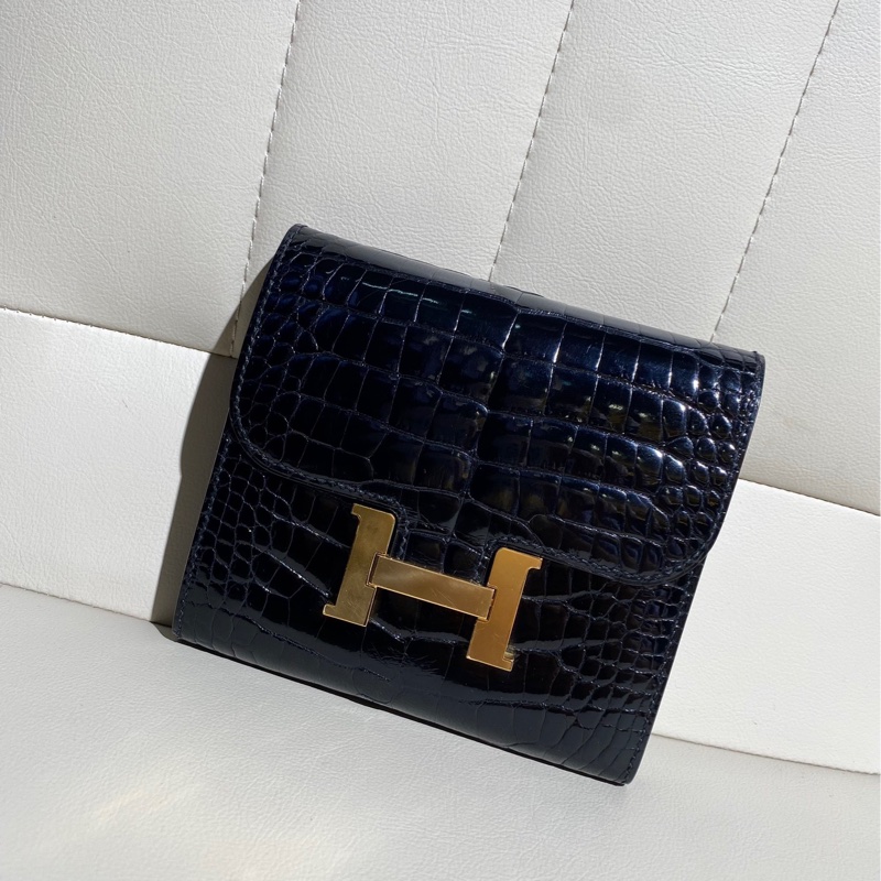 Hermes愛馬仕 constance康康 黑色鰐魚皮金扣 短款錢包-3