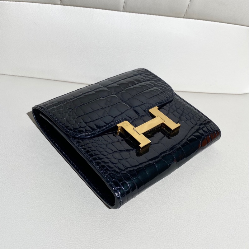 Hermes愛馬仕 constance康康 黑色鰐魚皮金扣 短款錢包-5