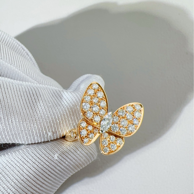 Vca梵克雅寶 two butterfly系列 18K黃金滿鑽蝴蝶戒指，52碼-5