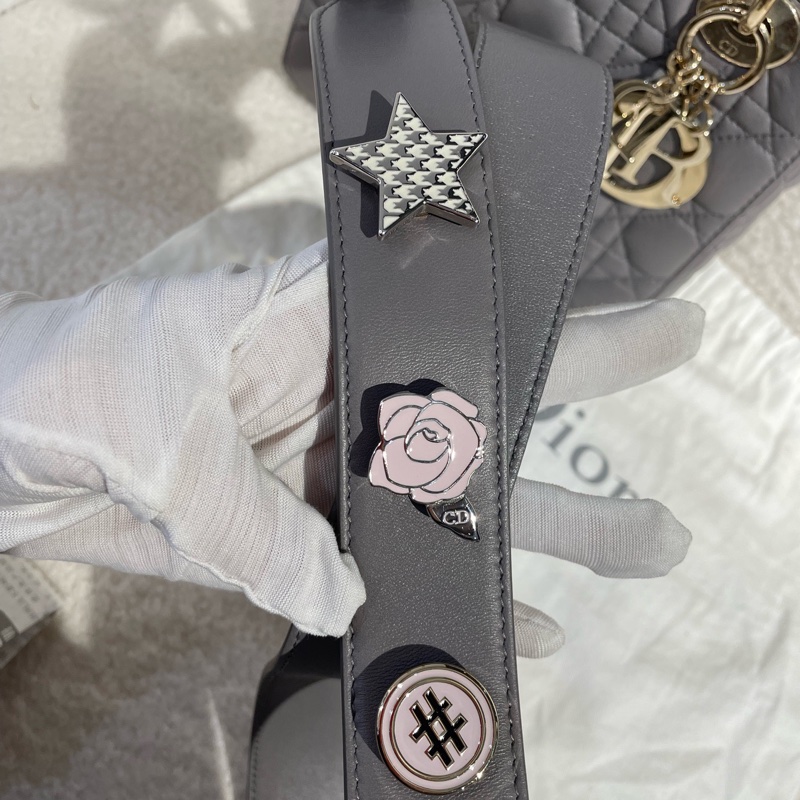 迪奥/Dior 灰色浅金扣 四格戴妃 徽章宽肩带 尺寸:20*17*8 成色好-8