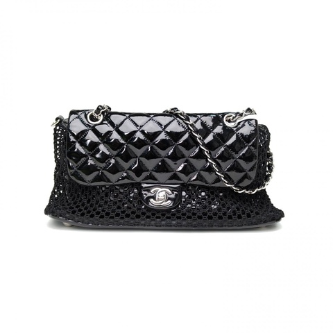 CHANEL 黑色漆皮14開銀扣CF口蓋包網兜黑銀二合一托特包