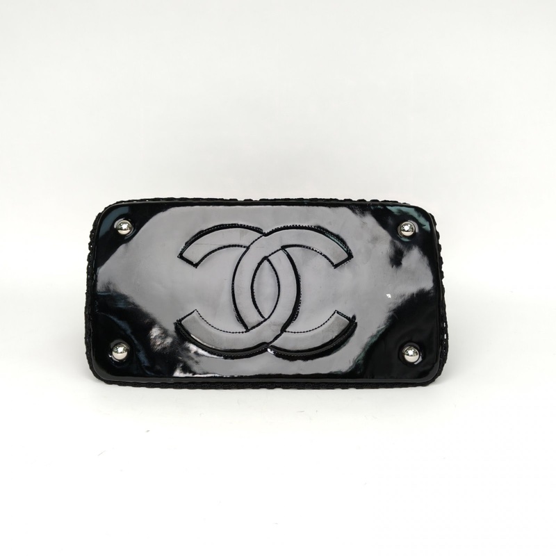 CHANEL 黑色漆皮14開銀扣CF口蓋包網兜黑銀二合一托特包-3