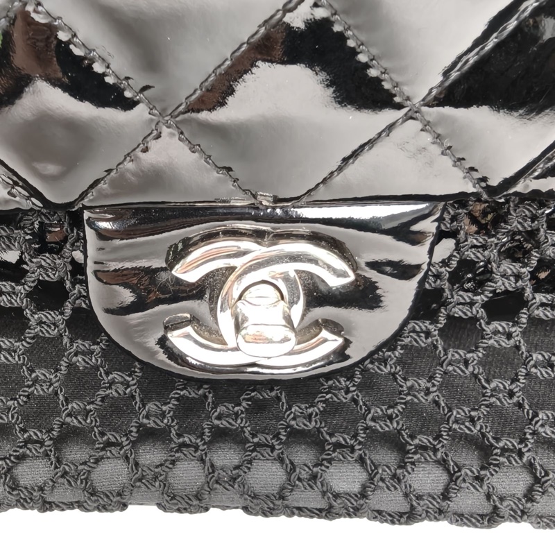 CHANEL 黑色漆皮14開銀扣CF口蓋包網兜黑銀二合一托特包-5