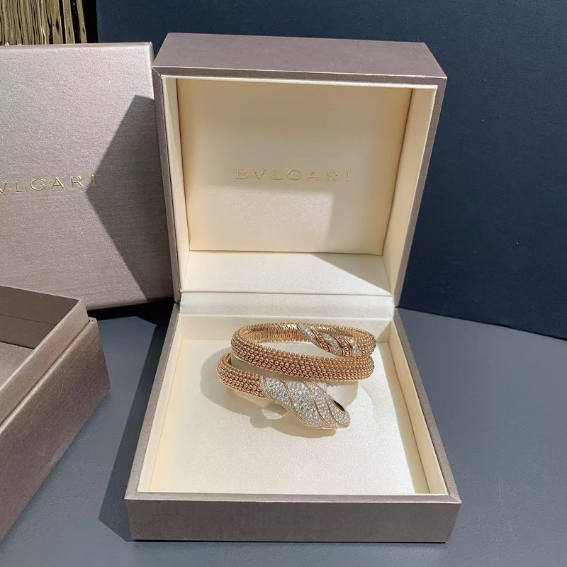 Bvlgari寶格麗 新款 SERPENTI系列 玫瑰金滾珠 三圈滿鑽 蛇頭手鐲，s碼-0
