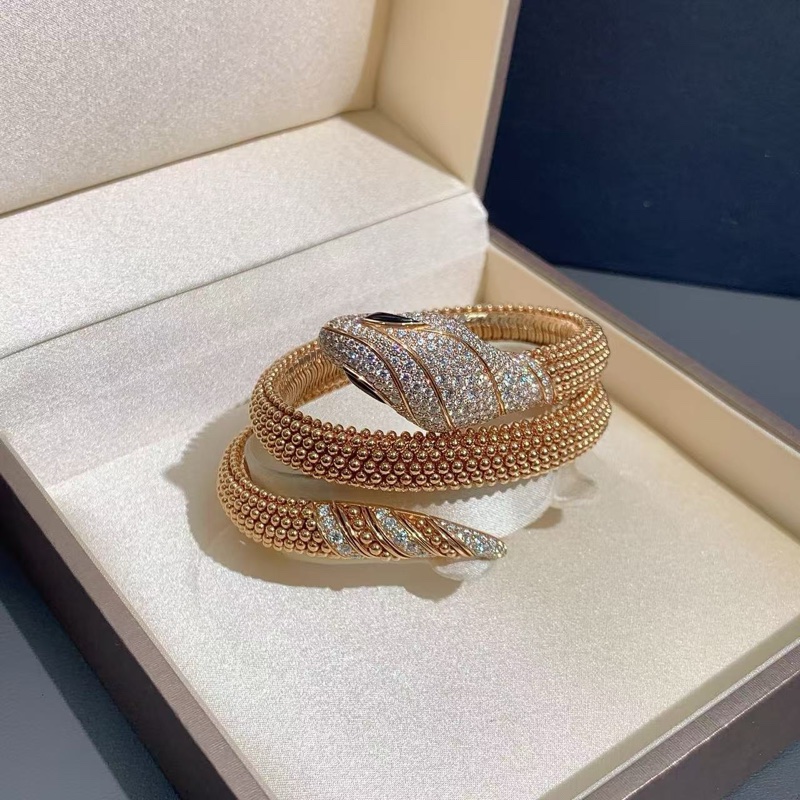 Bvlgari寶格麗 新款 SERPENTI系列 玫瑰金滾珠 三圈滿鑽 蛇頭手鐲，s碼-2