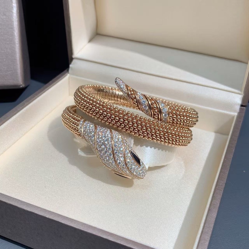 Bvlgari寶格麗 新款 SERPENTI系列 玫瑰金滾珠 三圈滿鑽 蛇頭手鐲，s碼-3