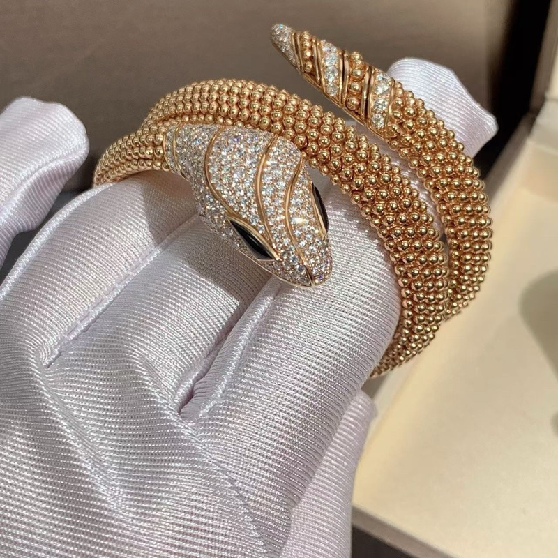 Bvlgari寶格麗 新款 SERPENTI系列 玫瑰金滾珠 三圈滿鑽 蛇頭手鐲，s碼-4