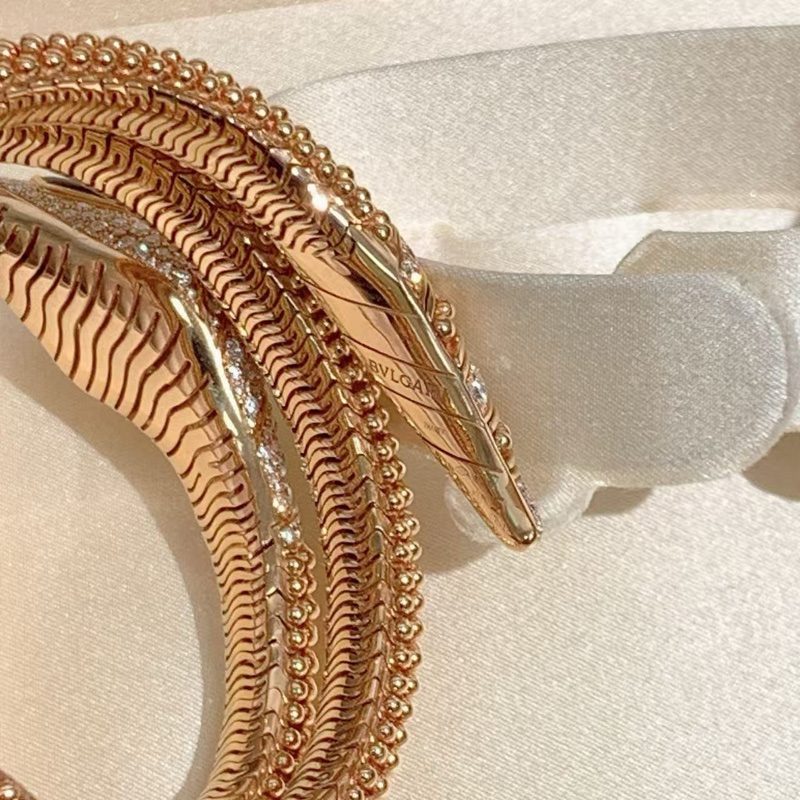 Bvlgari寶格麗 新款 SERPENTI系列 玫瑰金滾珠 三圈滿鑽 蛇頭手鐲，s碼-5