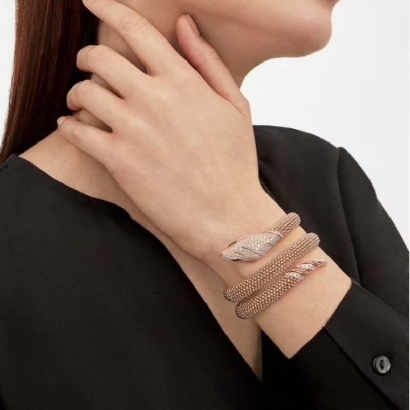 Bvlgari寶格麗 新款 SERPENTI系列 玫瑰金滾珠 三圈滿鑽 蛇頭手鐲，s碼-7