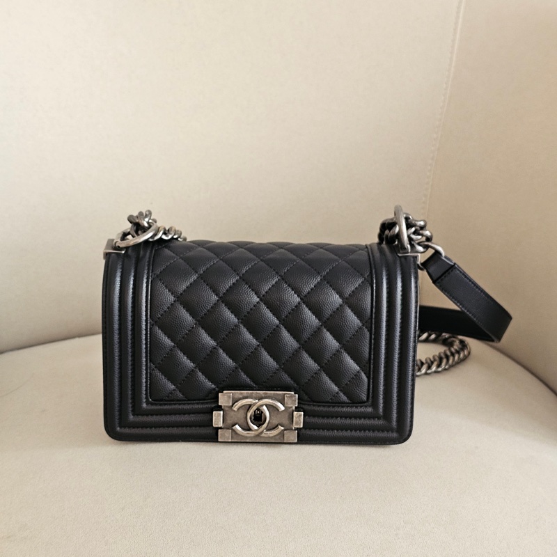 Chanel boy20 黑色荔枝 仿舊銀扣-0
