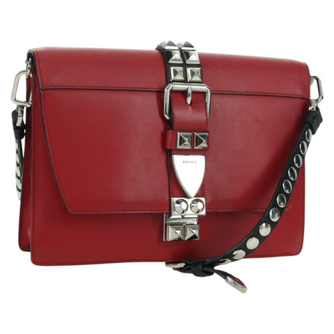 PRADA Electra鉚釘鏈條單肩包，皮革材質，紅色銀色，正品 am11175V