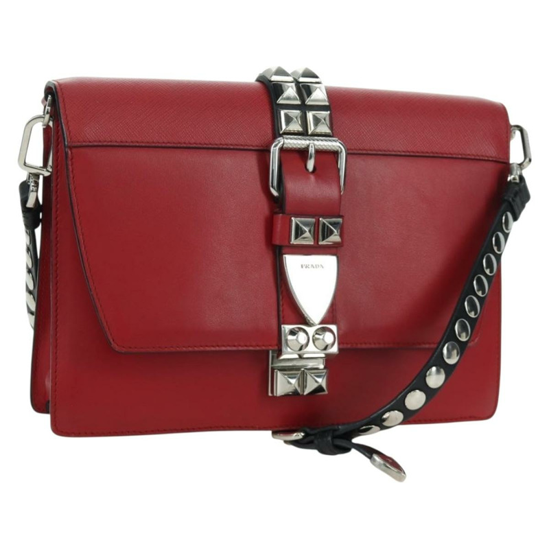【日本直送】PRADA Electra鉚釘鏈條單肩包，皮革材質，紅色銀色，正品 am11175V-0