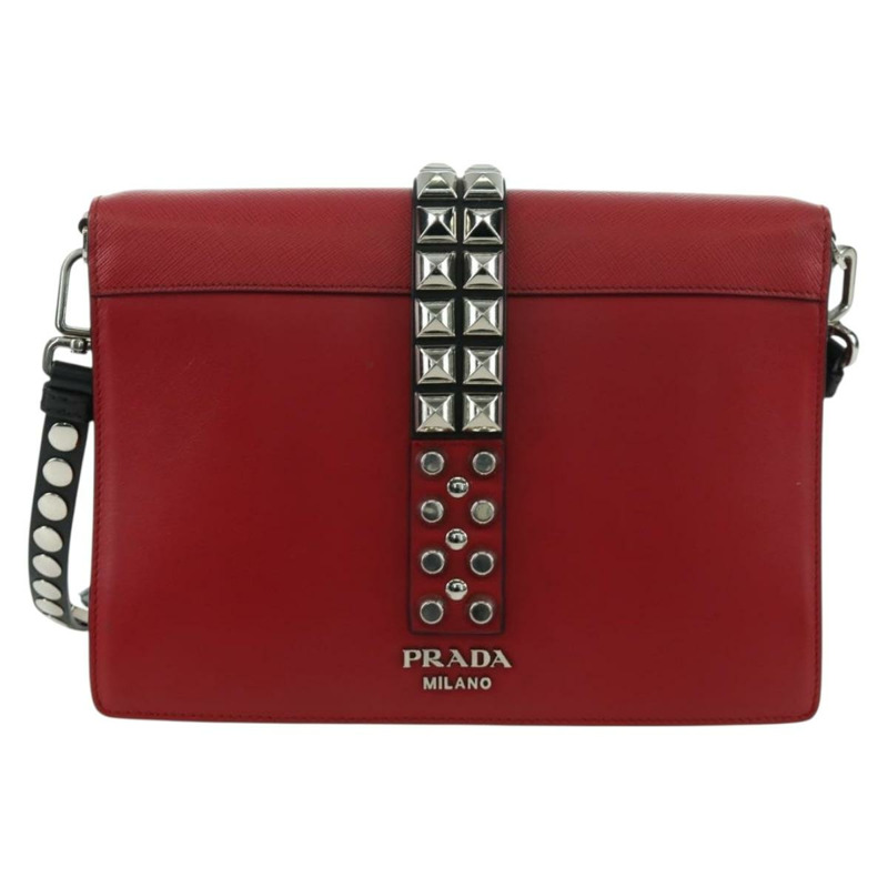 【日本直送】PRADA Electra鉚釘鏈條單肩包，皮革材質，紅色銀色，正品 am11175V-1