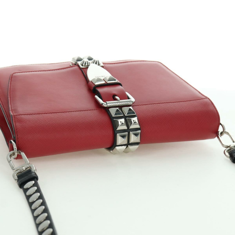 【日本直送】PRADA Electra鉚釘鏈條單肩包，皮革材質，紅色銀色，正品 am11175V-5