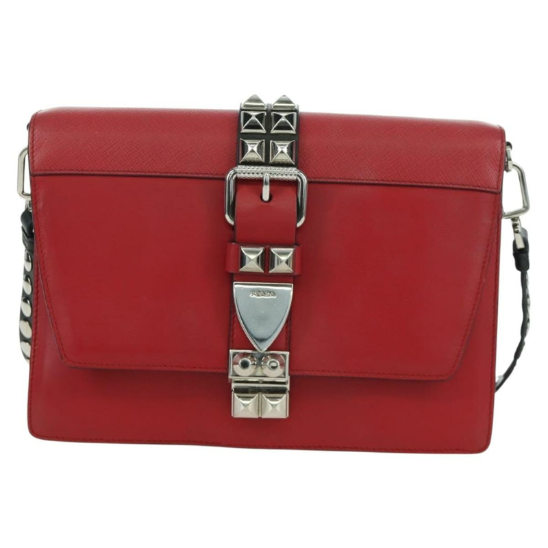 【日本直送】PRADA Electra鉚釘鏈條單肩包，皮革材質，紅色銀色，正品 am11175V-12