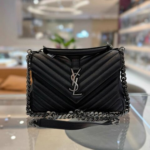 YSL College 黑銀V紋手提郵差包24*17*6.5  98新配件塵袋