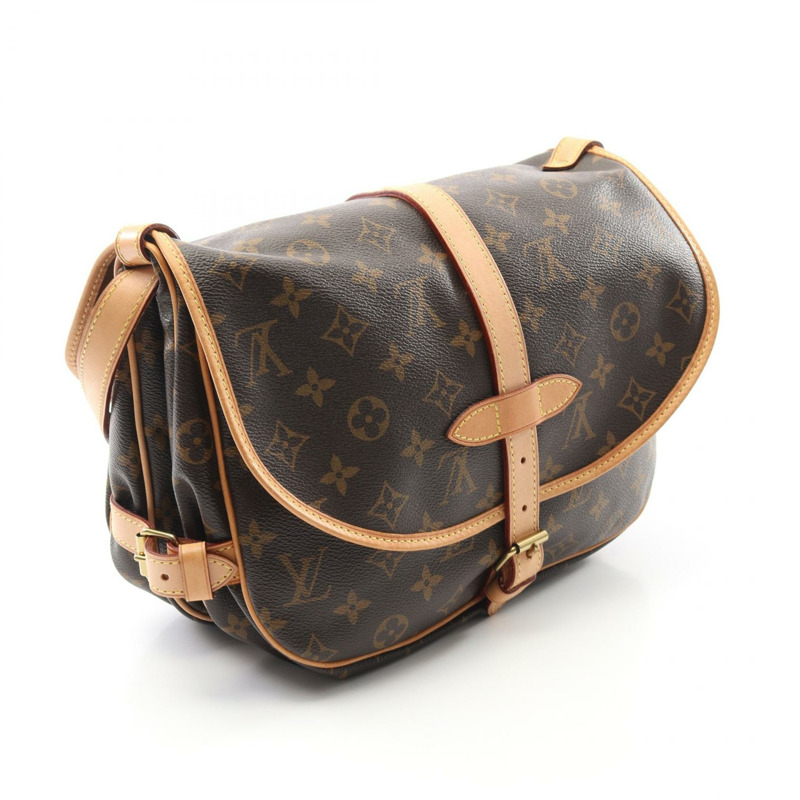棕色 原花帆布 Saumur 30 肩背包【LOUIS VUITTON LV 路易威登】 M42256-1