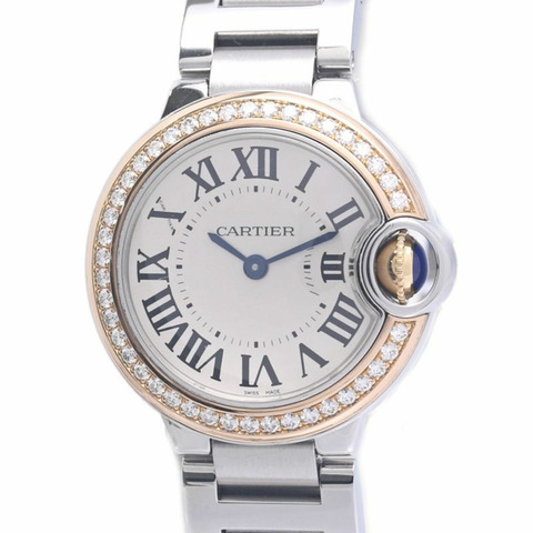 卡地亞 Cartier Ballon Bleu SM 鑲鑽錶圈 WE902079 女士腕錶 K18PGxSS 40308