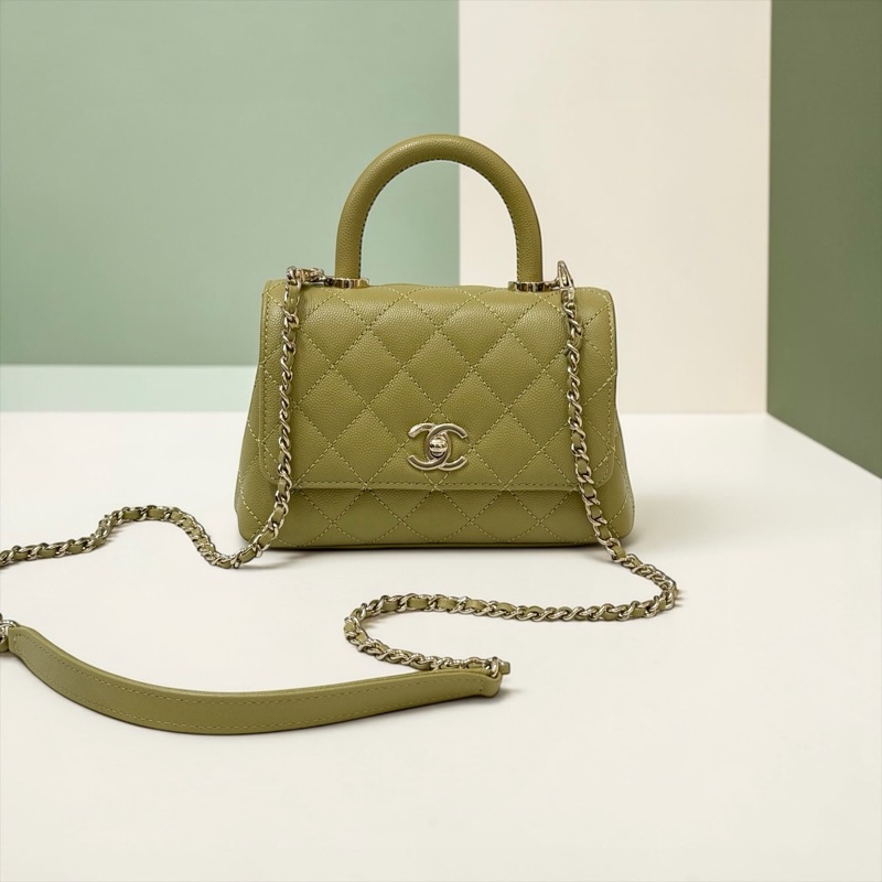 莉亞精品♡ Chanel mini handle 芥末黃金釦 近新美包-0