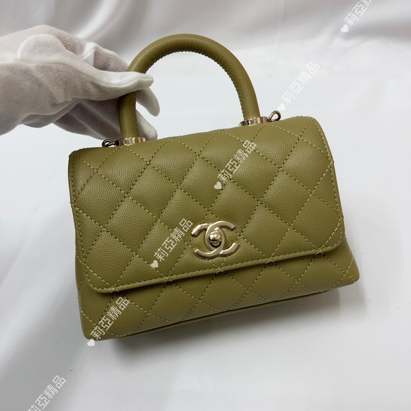 莉亞精品♡ Chanel mini handle 芥末黃金釦 近新美包-2