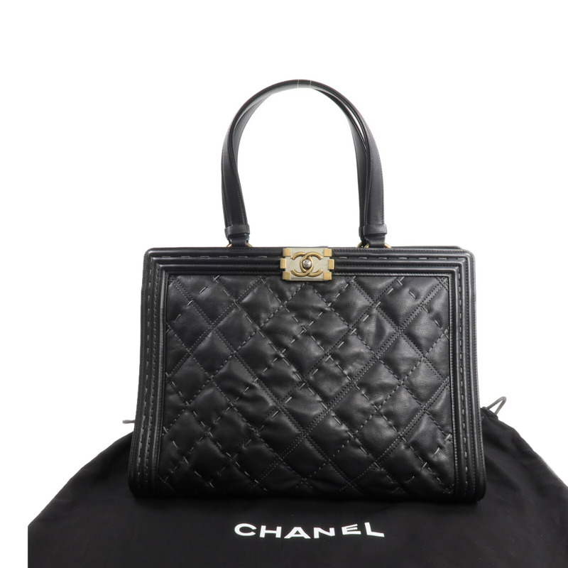 CHANEL 牛皮皮革Boy Tote金扣手挽袋-14