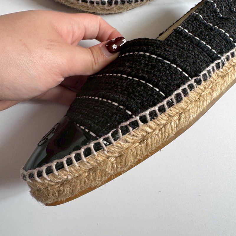 💥經典必買回歸 Chanel 黑色毛呢拼漆皮草編鞋-4