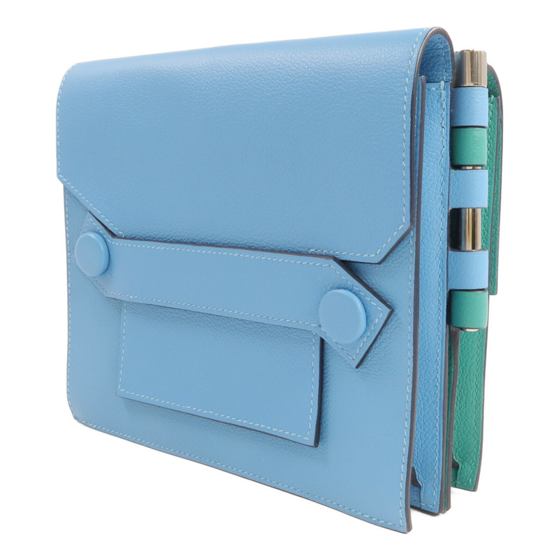 HERMES Evercolor皮革Twins Bag銀扣肩背袋Bleu du Nord/Menthe-2