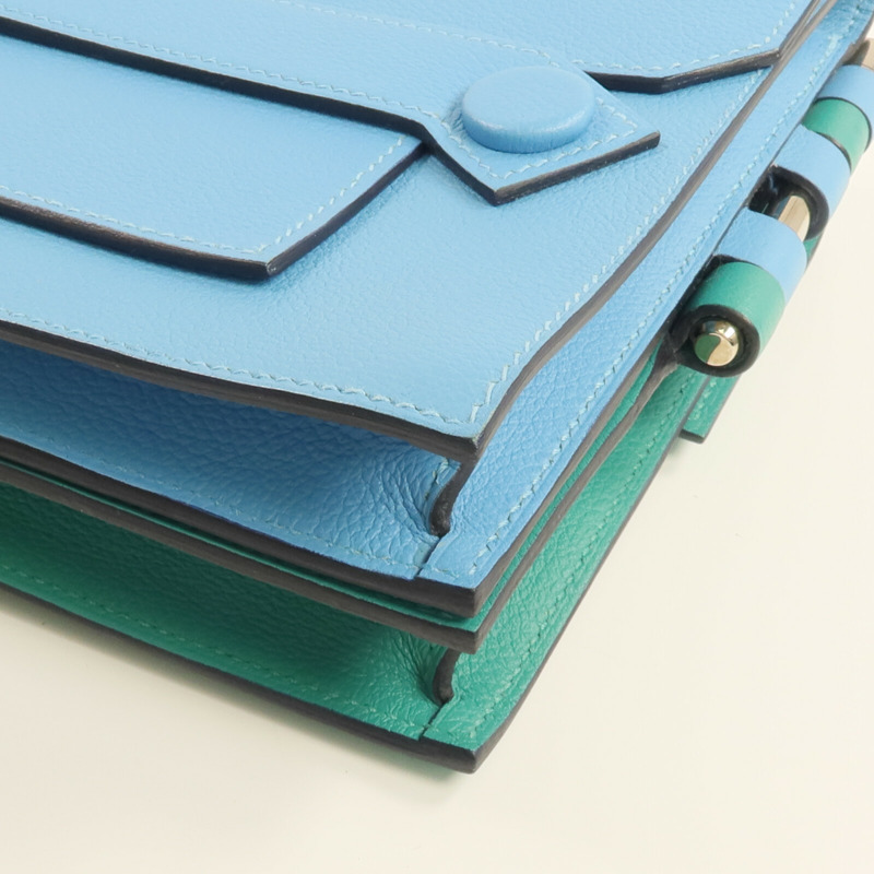 HERMES Evercolor皮革Twins Bag銀扣肩背袋Bleu du Nord/Menthe-5