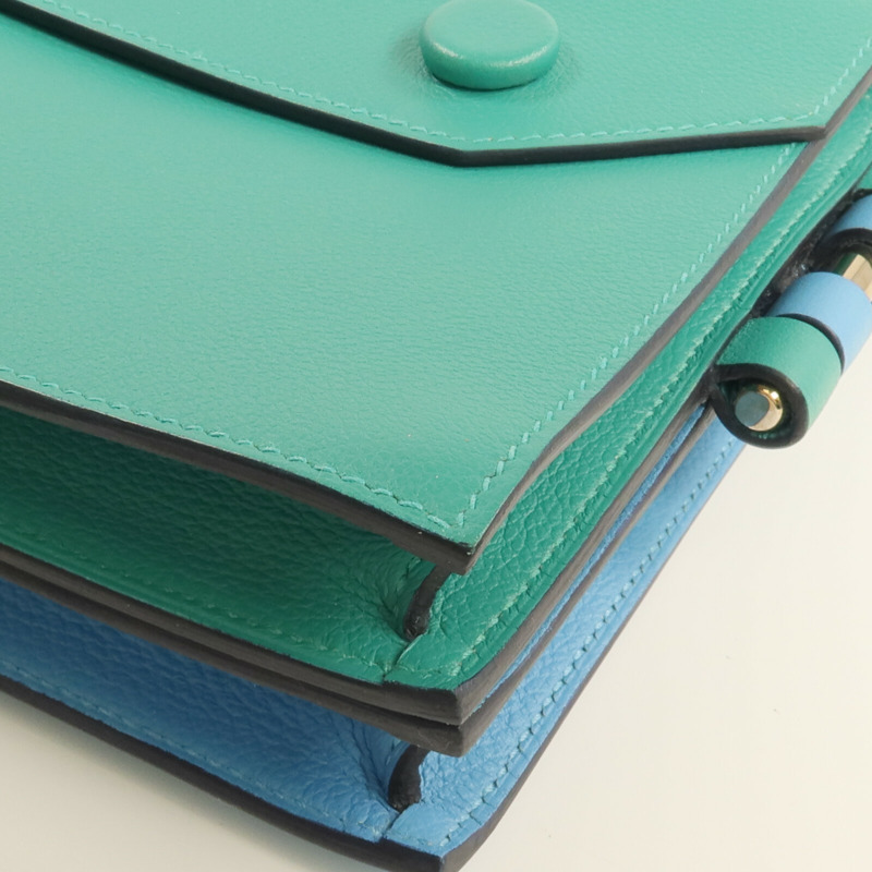 HERMES Evercolor皮革Twins Bag銀扣肩背袋Bleu du Nord/Menthe-7