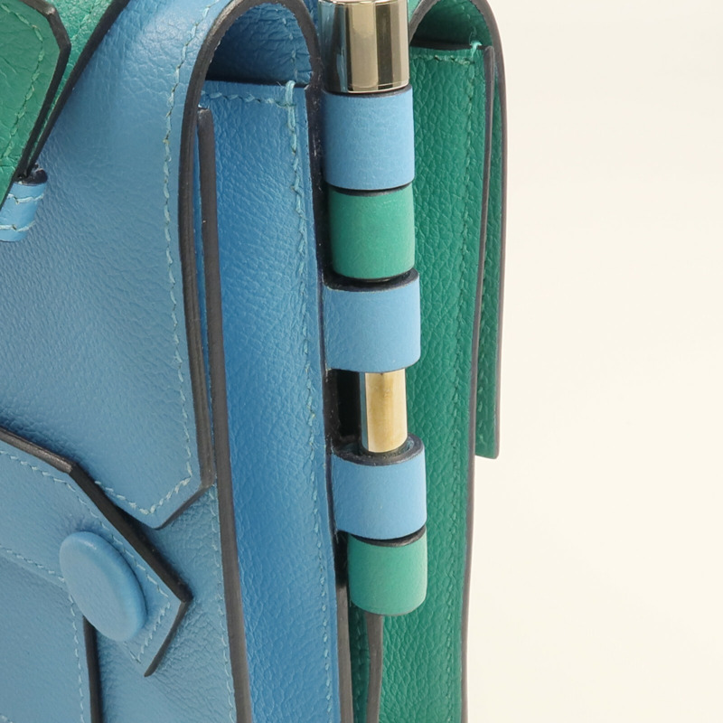 HERMES Evercolor皮革Twins Bag銀扣肩背袋Bleu du Nord/Menthe-9