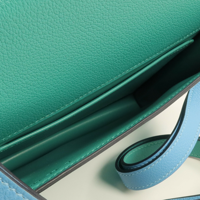 HERMES Evercolor皮革Twins Bag銀扣肩背袋Bleu du Nord/Menthe-11