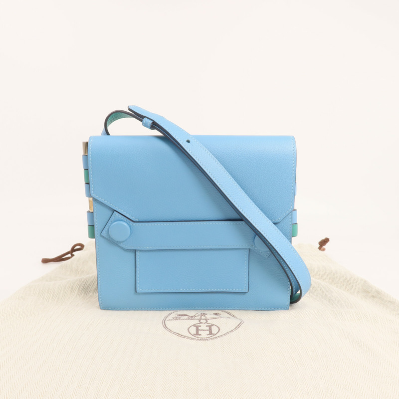 HERMES Evercolor皮革Twins Bag銀扣肩背袋Bleu du Nord/Menthe-14