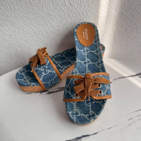 ❤️‍🔥不能沒這雙❤️‍🔥GUCCI 牛仔布綁帶厚底涼鞋