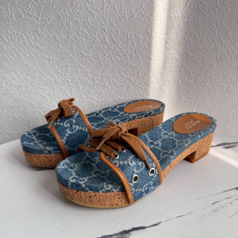 ❤️‍🔥不能沒這雙❤️‍🔥GUCCI 牛仔布綁帶厚底涼鞋-1