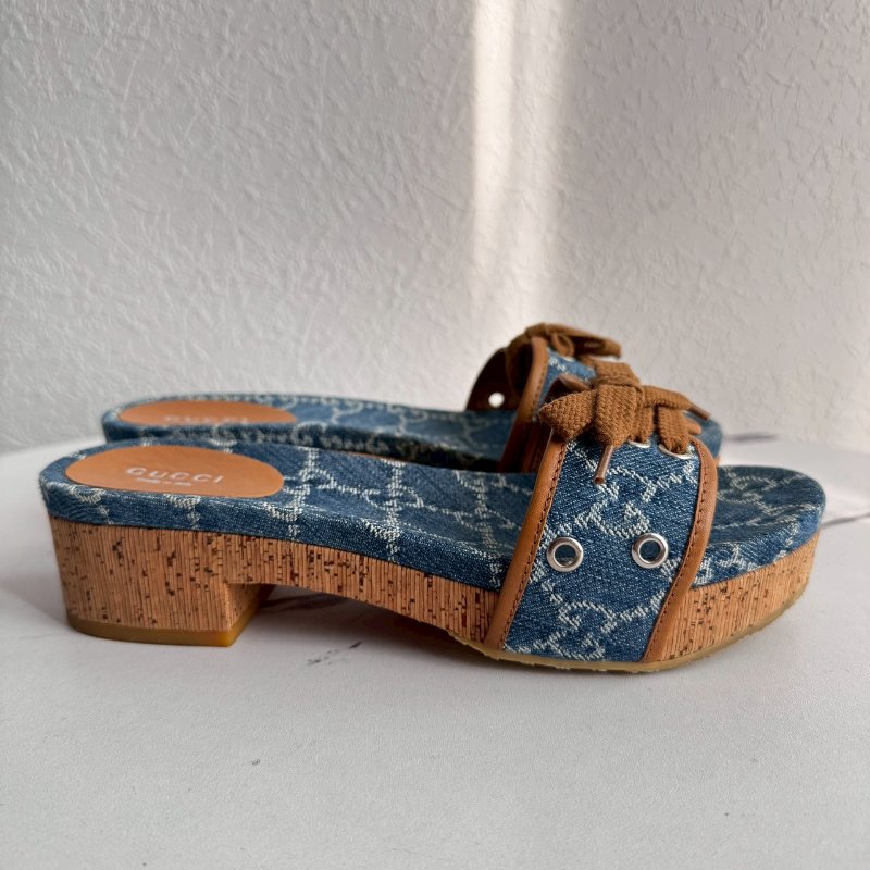 ❤️‍🔥不能沒這雙❤️‍🔥GUCCI 牛仔布綁帶厚底涼鞋-5