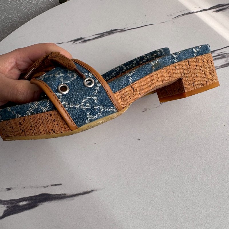 ❤️‍🔥不能沒這雙❤️‍🔥GUCCI 牛仔布綁帶厚底涼鞋-10