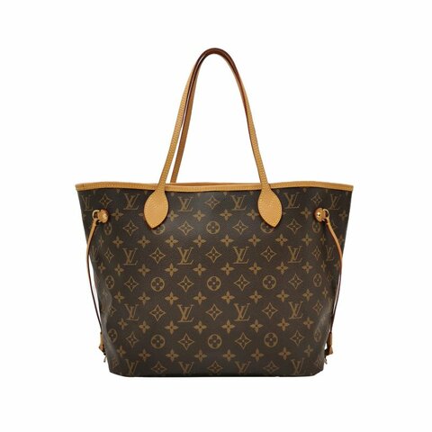 Louis Vuitton (LV)Neverfull中號植鞣革Monogram印花束帶單肩包晶片款