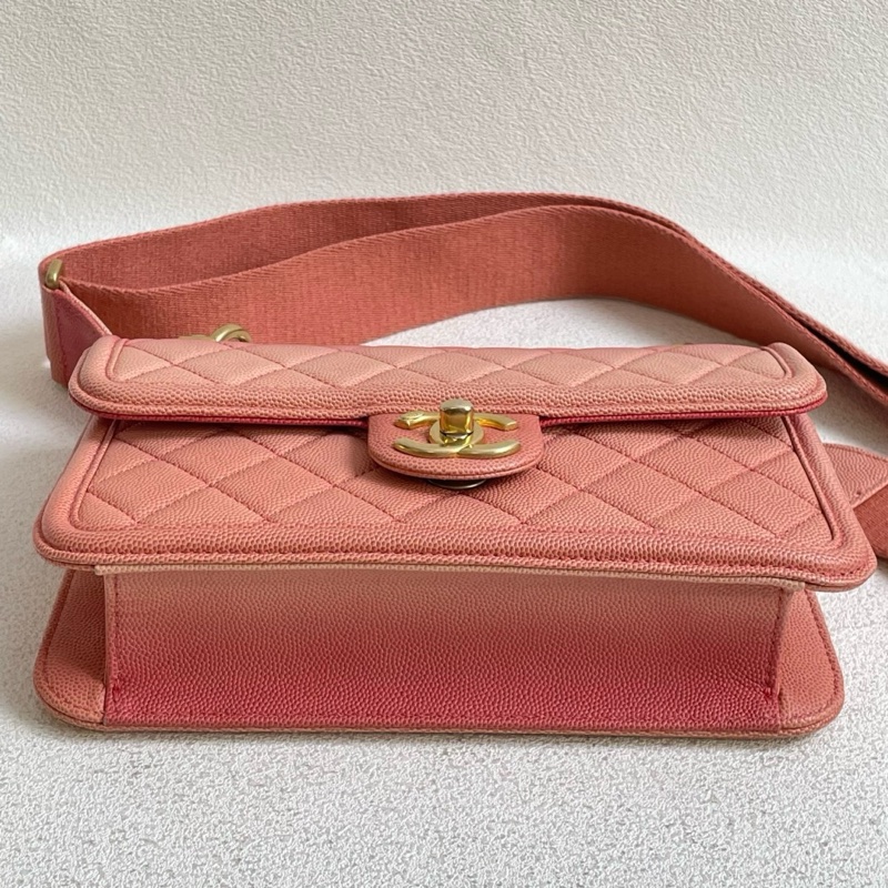 CHANEL 香奈兒珊瑚色荔枝皮雙C金扣手袋 經典菱格紋設計 荔枝紋牛皮 27開 22*14*5 附件：卡-3